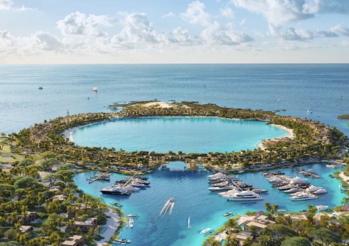 Aerial view of a Red Sea island lagoon and marina
